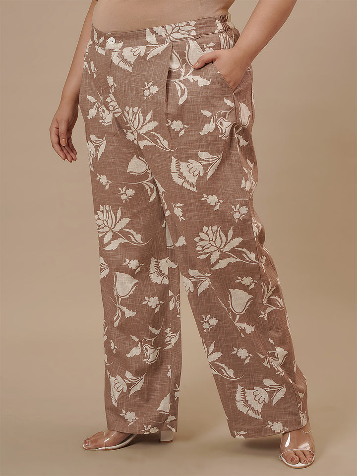 Plus-size woman in front left angle view wearing Brown Cotton Plus Size Co-Ord Set with soft cotton fabric and relaxed fit