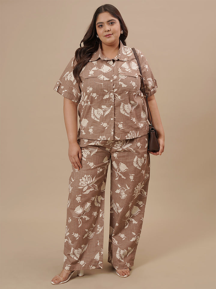 Brown Cotton Plus Size Co-Ord Set