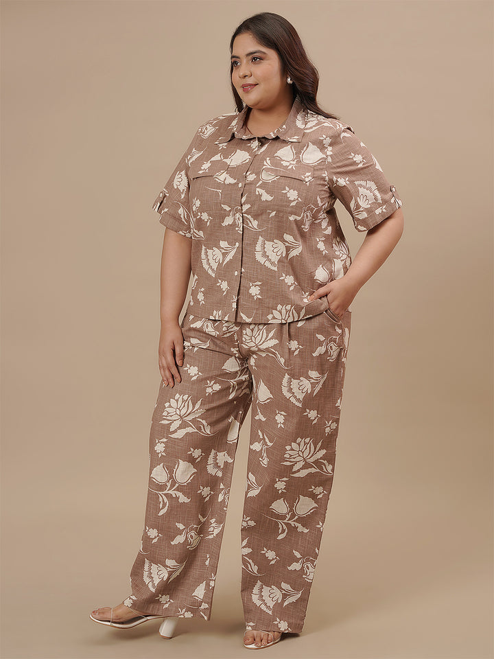 Brown Cotton Plus Size Co-Ord Set