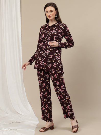 Brown Floral Maternity Co-Ord Set