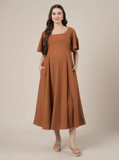 Brown Maternity Cotton A-line Long Dress