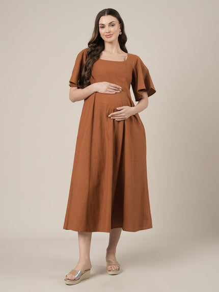 Brown Maternity Cotton A-line Long Dress