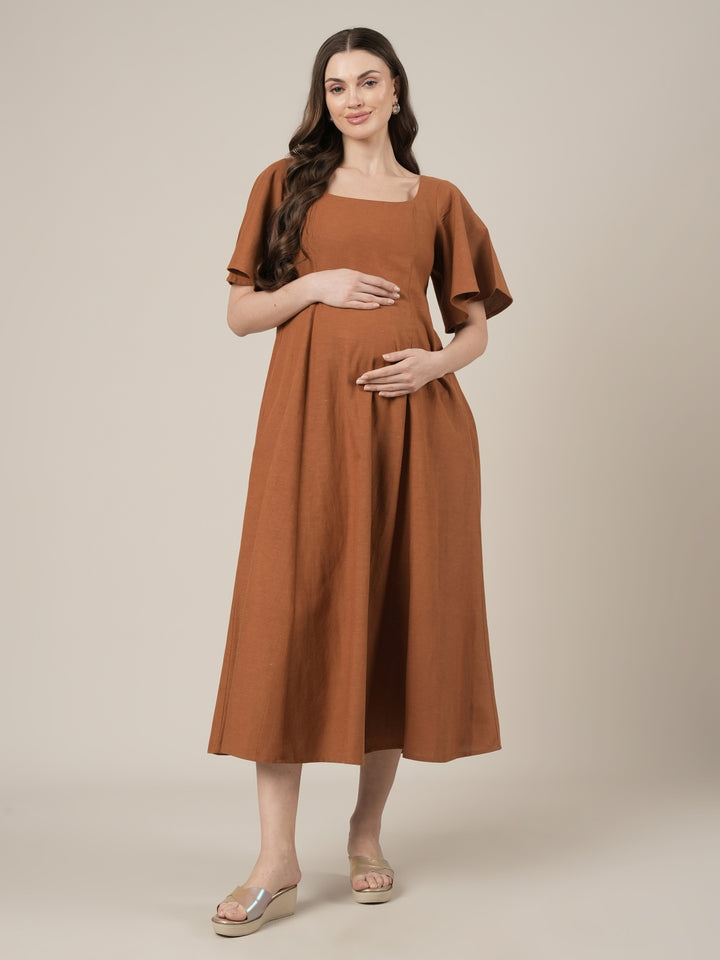 Brown Maternity Cotton A-line Long Dress