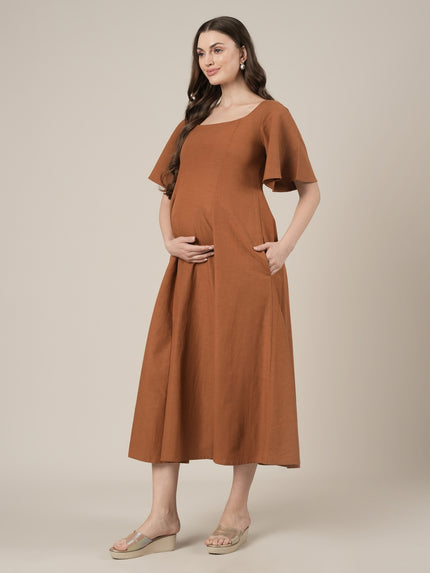 Brown Maternity Cotton A-line Long Dress