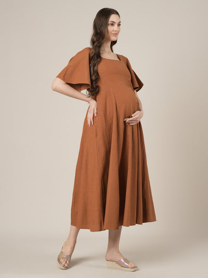 Brown Maternity Cotton A-line Long Dress