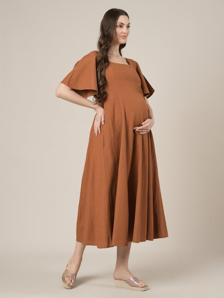 Brown Maternity Cotton A-line Long Dress