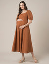 Brown Maternity Cotton A-line Long Dress with Puff Sleeves