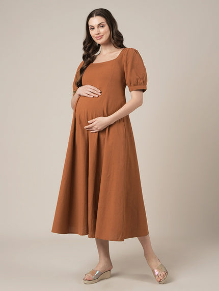 Brown Maternity Cotton A-line Long Dress with Puff Sleeves