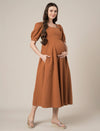 Brown Maternity Cotton A-line Long Dress with Puff Sleeves