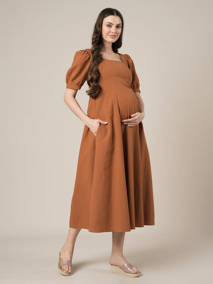 Brown Maternity Cotton A-line Long Dress with Puff Sleeves