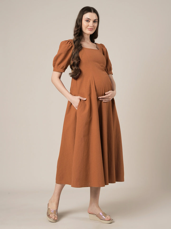 Brown Maternity Cotton A-line Long Dress with Puff Sleeves