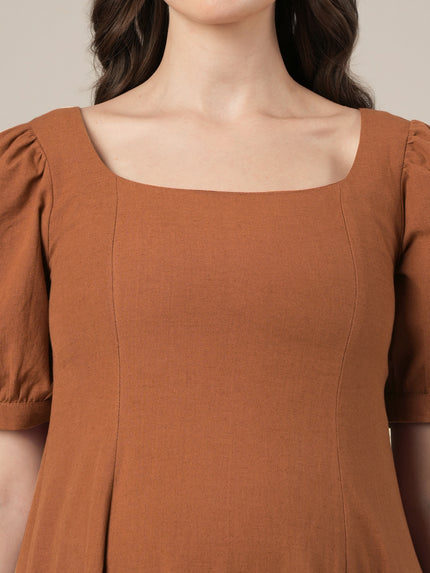 Brown Maternity Cotton A-line Long Dress with Puff Sleeves