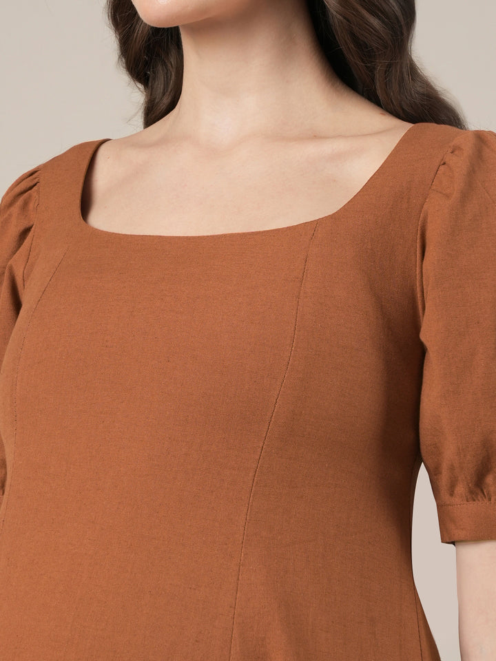 Brown Maternity Cotton A-line Long Dress with Puff Sleeves