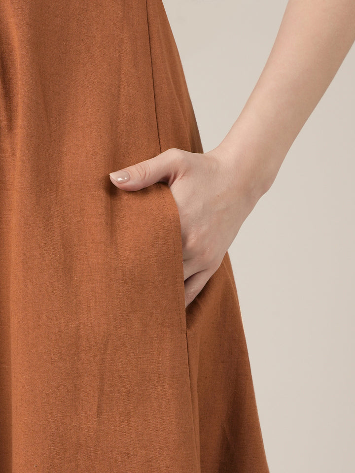 Brown Maternity Cotton A-line Long Dress with Puff Sleeves