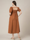 Brown Maternity Cotton A-line Long Dress with Puff Sleeves