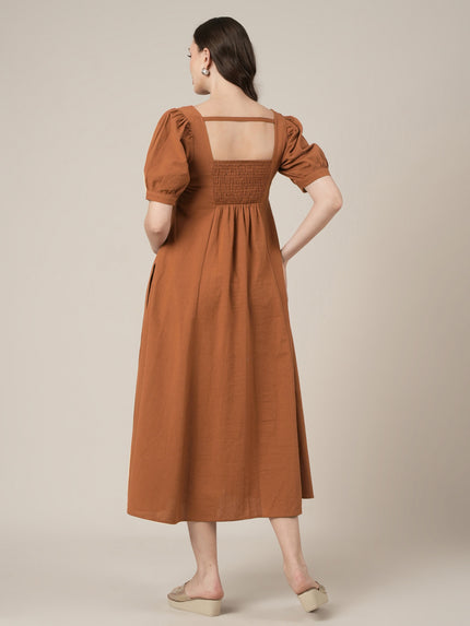 Brown Maternity Cotton A-line Long Dress with Puff Sleeves