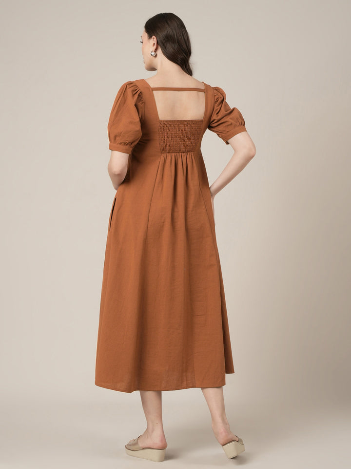 Brown Maternity Cotton A-line Long Dress with Puff Sleeves