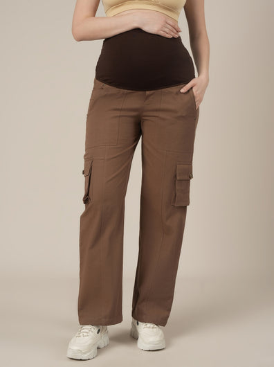 Brown Maternity Cotton Cargo Pants