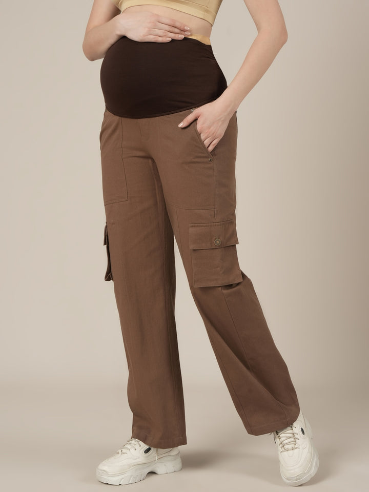 Brown Maternity Cotton Cargo Pants