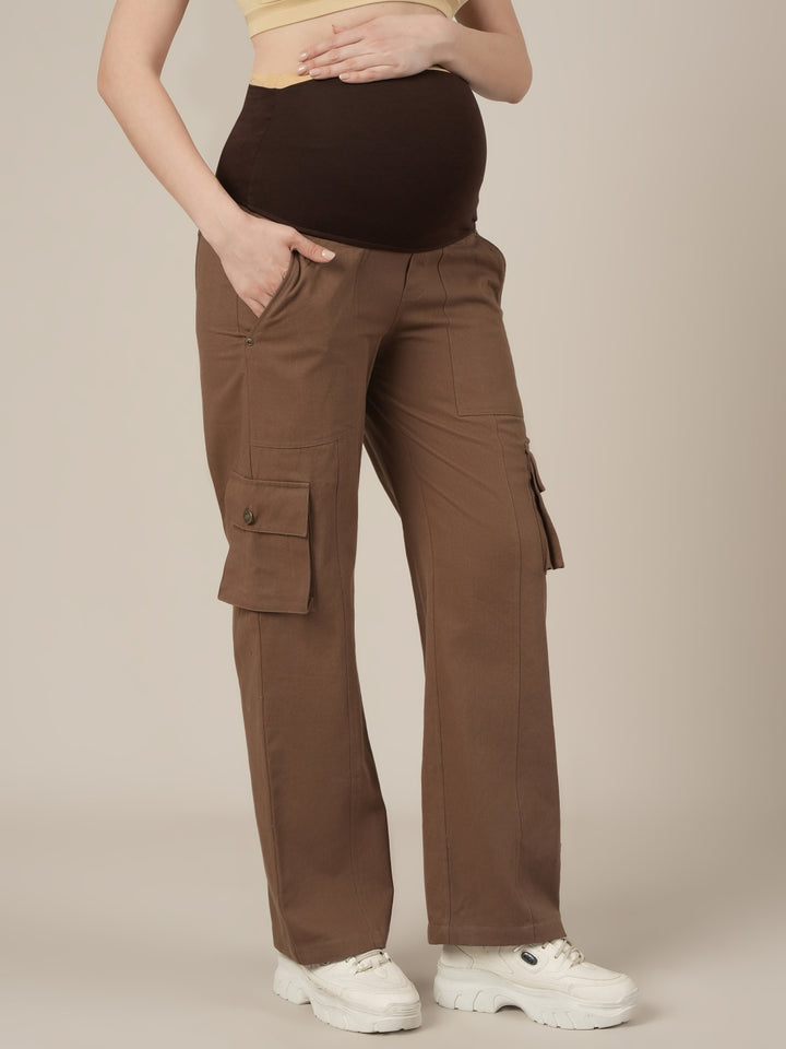 Brown Maternity Cotton Cargo Pants