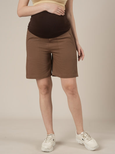 Brown Maternity Cotton High Rise Shorts