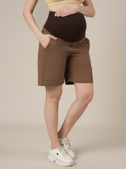 Brown Maternity Cotton High Rise Shorts