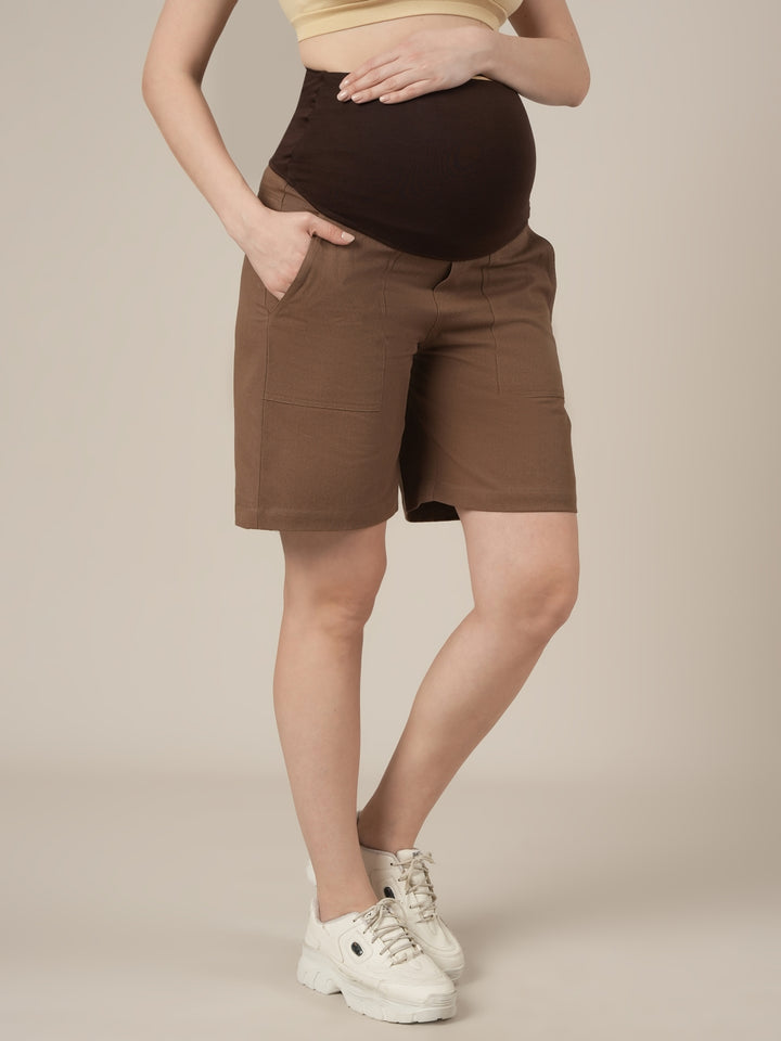 Brown Maternity Cotton High Rise Shorts