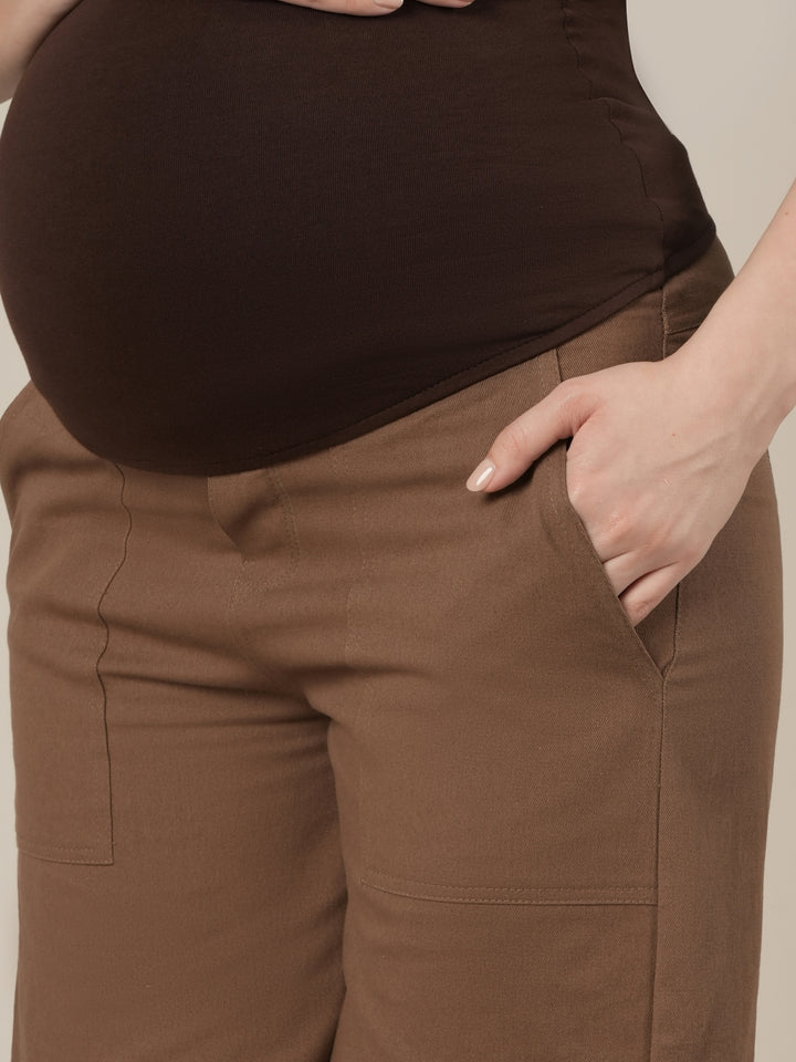 Brown Maternity Cotton High Rise Shorts