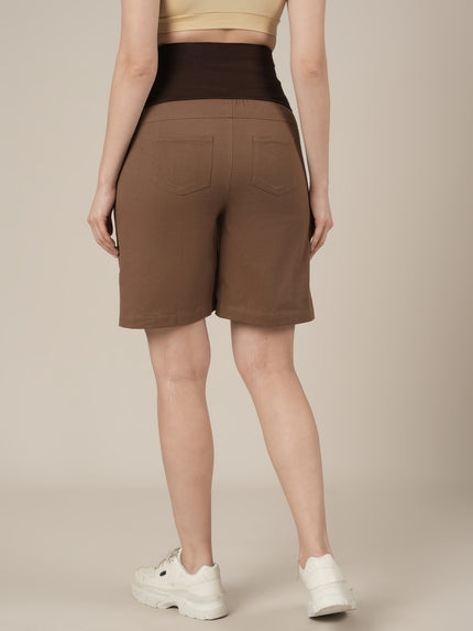 Brown Maternity Cotton High Rise Shorts