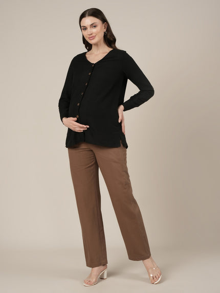 Brown Maternity Cotton Straight Pants