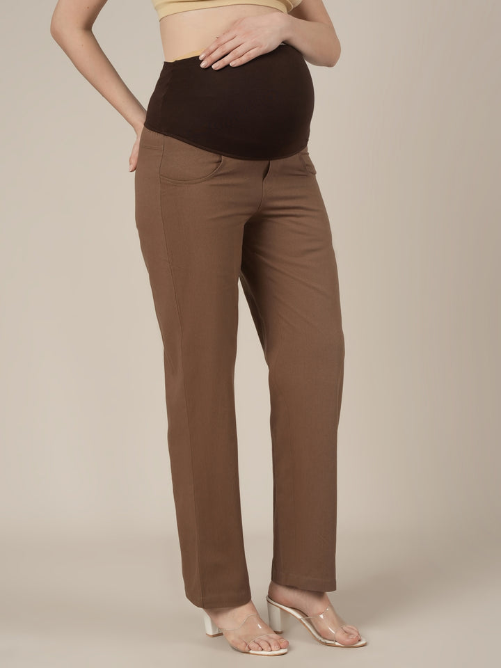 Brown Maternity Cotton Straight Pants