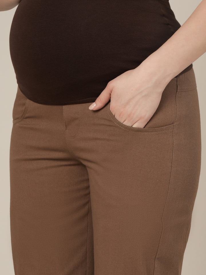 Brown Maternity Cotton Straight Pants