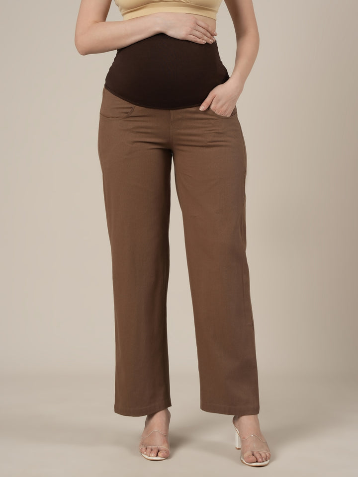 Brown Maternity Cotton Wide Leg Pants