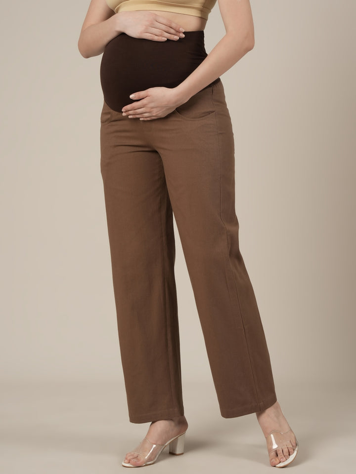 Brown Maternity Cotton Wide Leg Pants