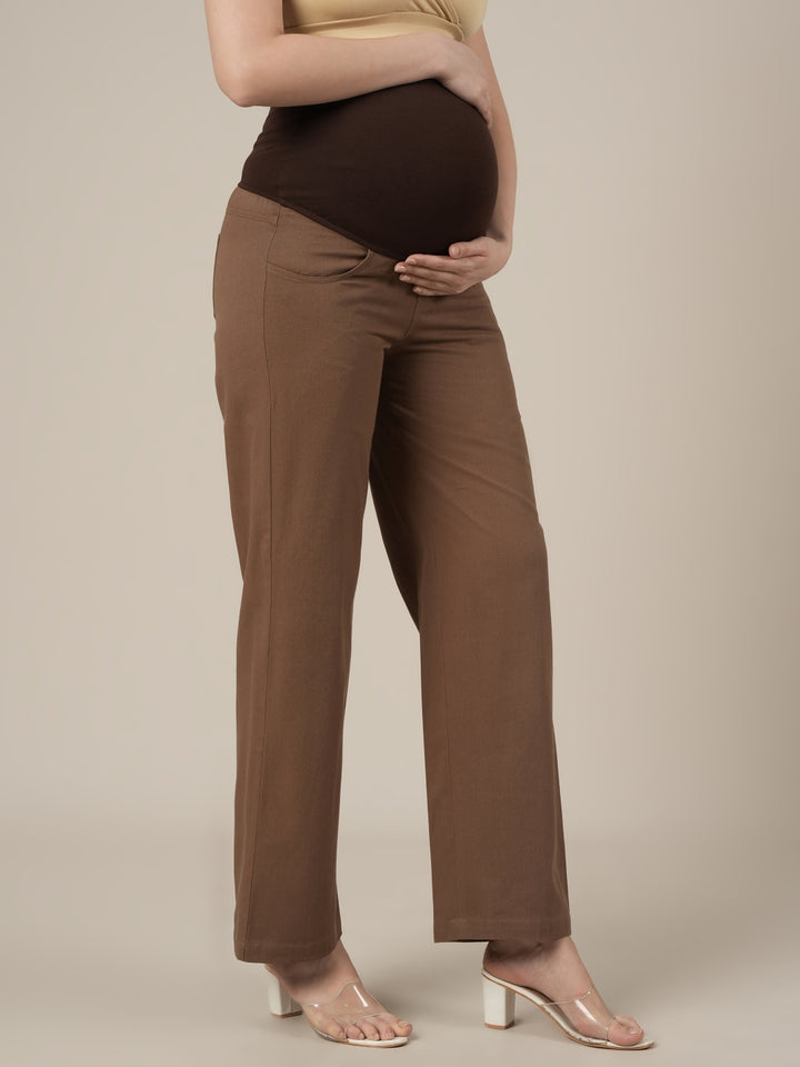 Brown Maternity Cotton Wide Leg Pants