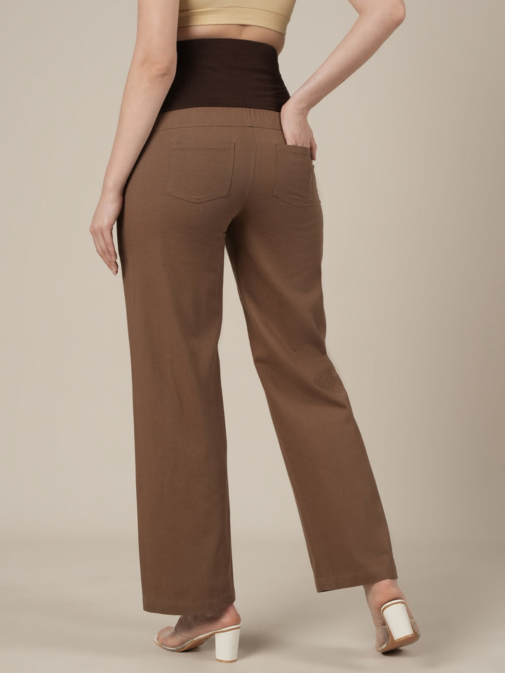 Brown Maternity Cotton Wide Leg Pants