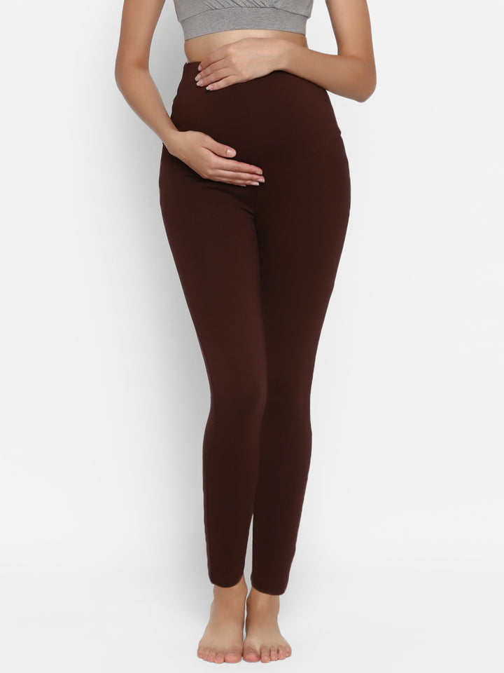 Maternity Cotton High-rise Leggings- Brown