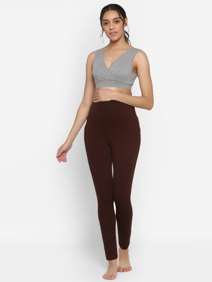Maternity Cotton High-rise Leggings- Brown