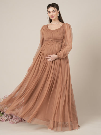 Brown Maternity Party Maxi Dress with Long Sleeve