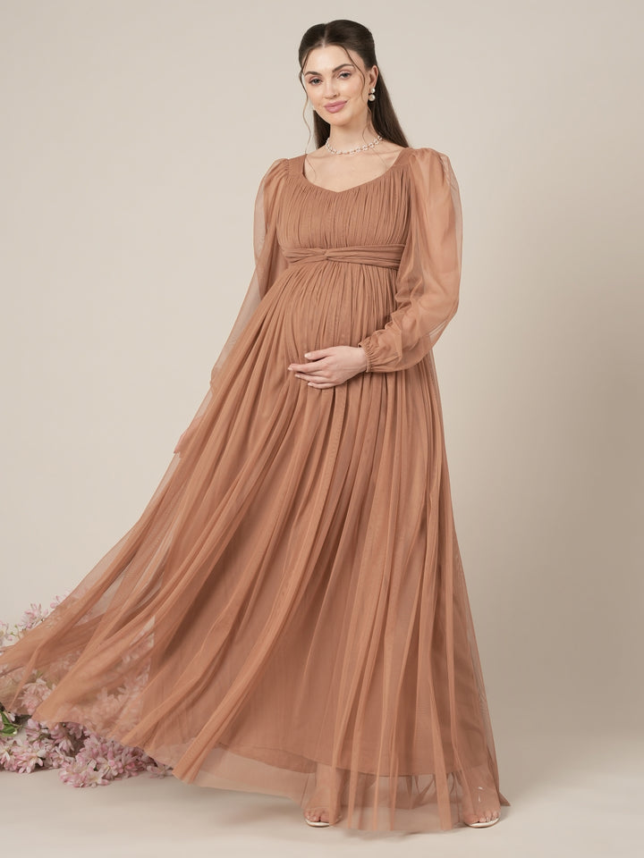 Brown Maternity Party Maxi Dress with Long Sleeve