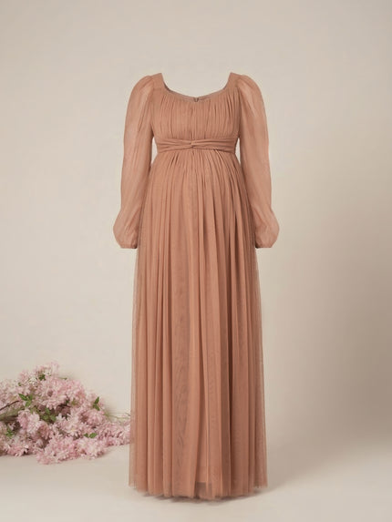 Brown Maternity Party Maxi Dress with Long Sleeve