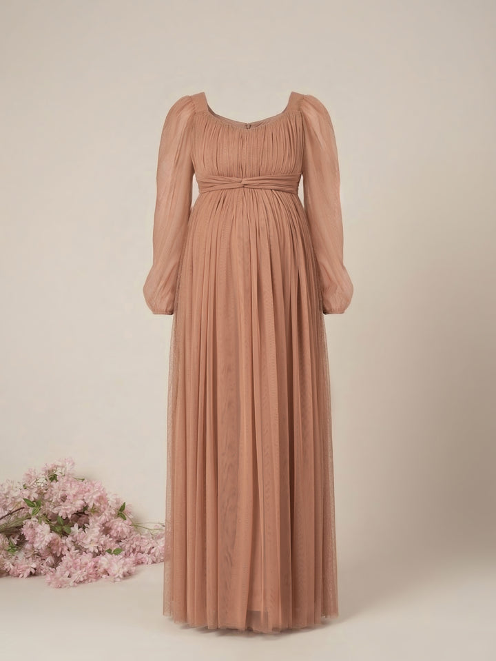 Brown Maternity Party Maxi Dress with Long Sleeve
