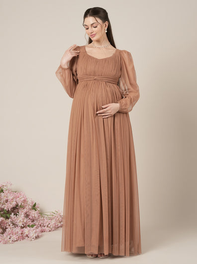 Brown Maternity Party Maxi Dress with Long Sleeve