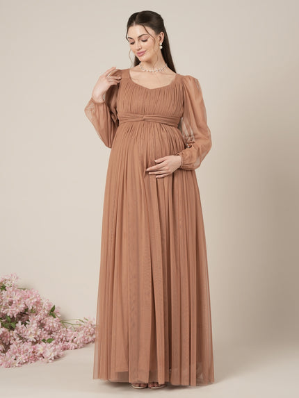 Brown Maternity Party Maxi Dress with Long Sleeve