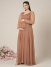 Brown Maternity Party Maxi Dress with Long Sleeve