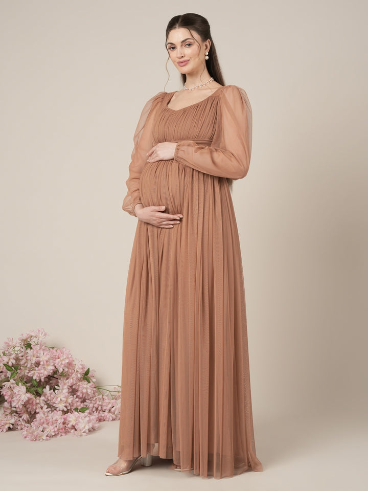 Brown Maternity Party Maxi Dress with Long Sleeve