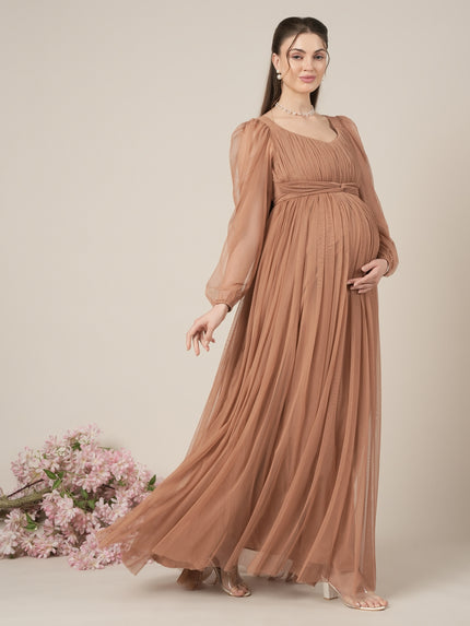 Brown Maternity Party Maxi Dress with Long Sleeve
