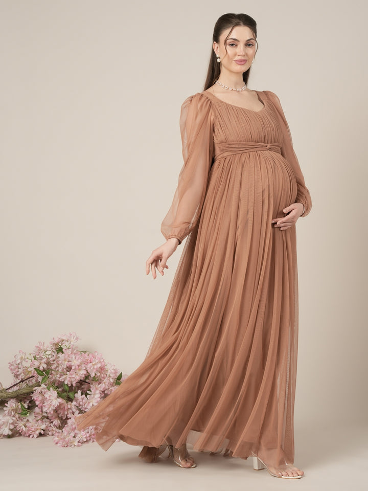 Brown Maternity Party Maxi Dress with Long Sleeve