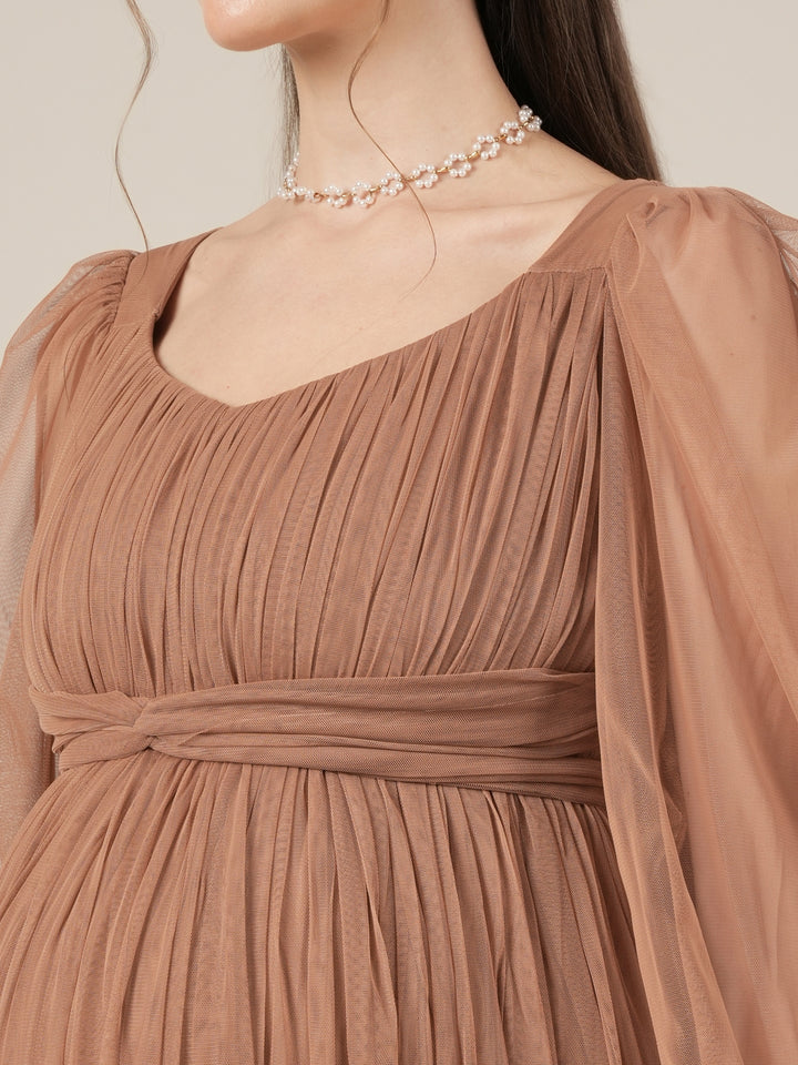 Brown Maternity Party Maxi Dress with Long Sleeve