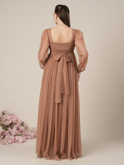 Brown Maternity Party Maxi Dress with Long Sleeve
